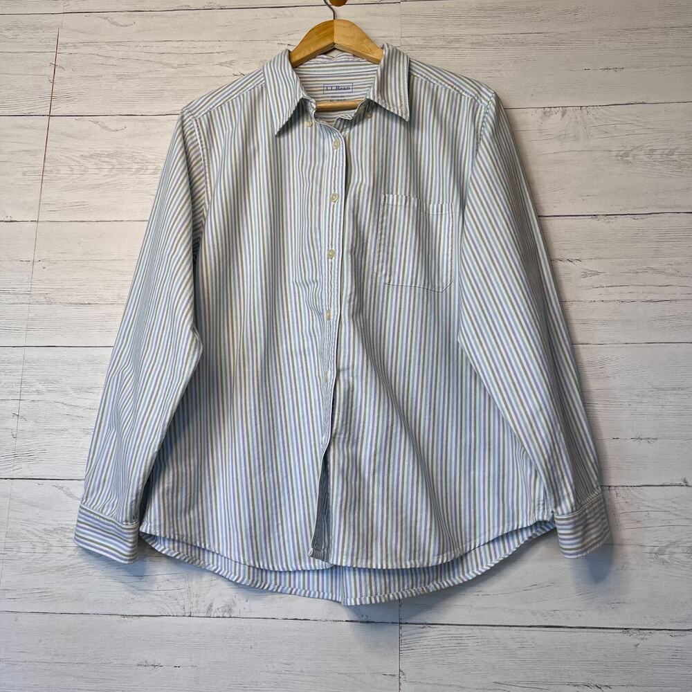 L.L. Bean Shirt Mens SZ XL Blue, Green & White Striped Cotton Button Down Preppy
